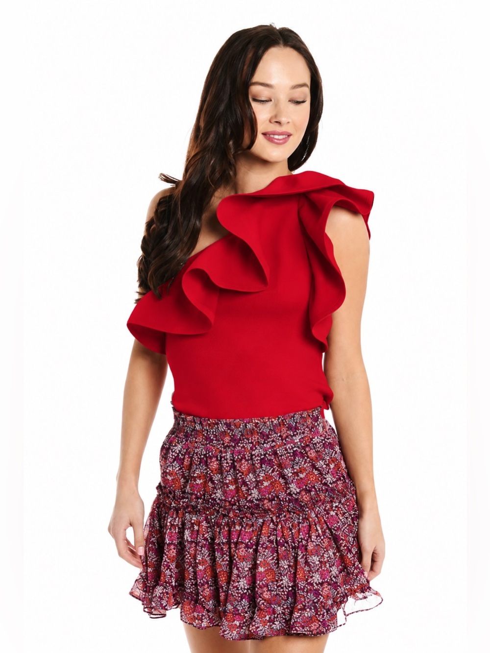 MISA Red Sendi One Shoulder Ruffle Top Size M